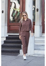 Resim JUMENT Kadın Likrasız Modal Kumaş Yüksek Bel Beli Lastikli Yan Cepli Dar Paça Bilek Boy Pantolon-kahve 