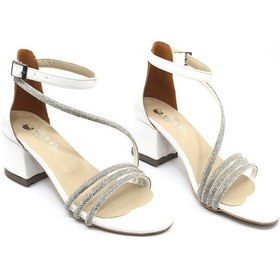 Resim İremsu Dört Şerit Taş Detaylı Kısa Topuklu Kadın Abiye Ayakkabı Beyaz 