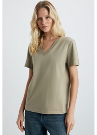Resim Grimelange Alıne Kadın %100 Organik Pamuk Derin V Yakalı Comfort Fit Bej T-shirt Bej 