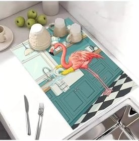 Resim Bulaşık Kurutma Matı Kurutma Örtüsü Tezgah Üstü Bulaşıklık 40X50Cm Yıkanabilir | Flamingo Desenli-3,Çok Renkli Tek Ebat 