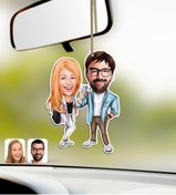 Resim Bk Gift Kişiye Özel Sevgililer Karikatürlü Ahşap Araba Dikiz Ayna Süsü-93 