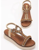 Resim Kadın Dolgu Topuk Sandalet Bej Boncuk İşlemeli Elastik Bantlı-3834 Bej 