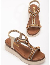 Resim Kadın Dolgu Topuk Sandalet Bej Boncuk İşlemeli Elastik Bantlı-3834 Bej 