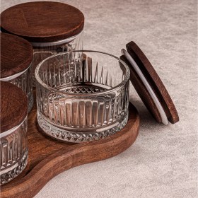 Resim Snippy Bella Yıldız Tepsili 6'lı Ahşap Vakumlu Kapaklı Cam Kahvaltılık Çok Amaçlı Cam Çerezlik 235 ml 