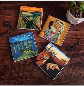 Resim Dalí Belleğin Azmi, Van Gogh Ren Nehri’nde Bir Gece, Çığlık, Klimt Aile Kucaklama Taş Bardak Altlığı Seti - 4 Parça - Dekoratif, Rustik, 10x10 cm, Kaydırmaz Tabanlı SC546 