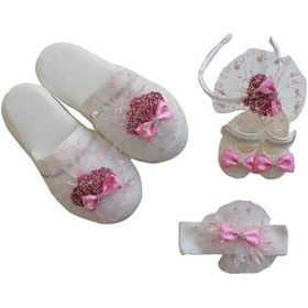 Resim Lohusa Taçlı Terlik Seti Pembe Taşlı Puanlı Fiyonk Çok Renkli 