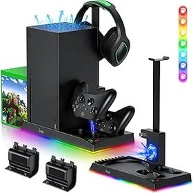 Resim RGB Charging Stand with Cooling Fan for Xbox Series X Console & Controller,Dual Charger Station Cooler System Accessories with 15 RGB Lights,2 x 1400mAh Rechargeable Battery,Headphone stand,Game Discs 