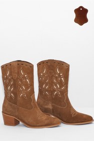 Resim wanita milano Kadın Süet Kovboy Bot İşlemeli Gerçek Deri Western Tarz Rahat Kullanım 