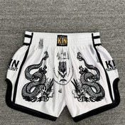 Resim Ejderha & Kung Fu Baskılı Erkek Dövüş Sanatları Eğitim Şortları - Siyah/Beyaz/Gri Savaş Pantolonları, Karate, Taekwondo, Kickboks için Esnemez Kumaş - Kemer Halkaları & Logo Etiketi (Elde Yıkanabilir) 