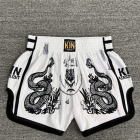 Resim Ejderha & Kung Fu Baskılı Erkek Dövüş Sanatları Eğitim Şortları - Siyah/Beyaz/Gri Savaş Pantolonları, Karate, Taekwondo, Kickboks için Esnemez Kumaş - Kemer Halkaları & Logo Etiketi (Elde Yıkanabilir) 