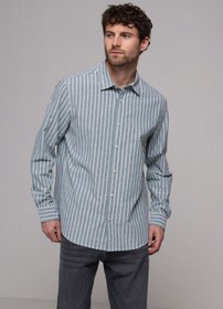 Resim Regular Fit Shirt Neck Çizgili Erkek Yeşil Uzun Kol Gömlek Colin's