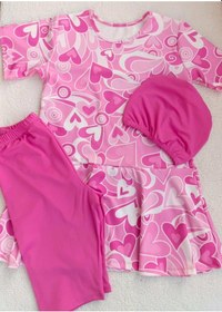 Resim Bilge Trend Kız Çocuk Genç Üst , Bone , Tayt 3 Parça Kalp Desenli Tesettür Deniz Havuz Mayo Seti Pembe 