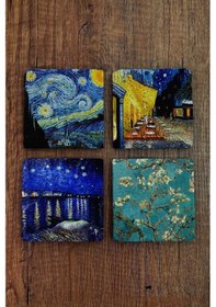 Resim Doğal Taş Bardak Altlığı Vincent Van Gogh Eserleri Baskılı 4'lü Set Çok Renkli 