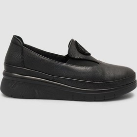 Resim Cabani %100 Hakiki Deri Taşlı Siyah Kadın Comfort Ayakkabı Siyah 