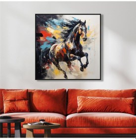 Resim Yağlı Boya Dokulu Tablo Siyah At Siyah Çerçeveli U04012-178926 