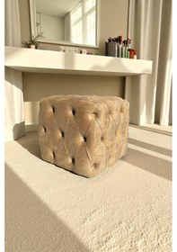 Resim Küp Puf - Best İthal Kadife Babyface Kumaş Varak Baskı - Modern Ve Şık Dekoratif Puf&bench Sütlü Kahverengi 