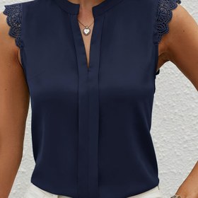 Resim Kadınlar için Lacivert Dantel Detaylı V-Yaka Bluz - Kontrast Kollu & Yaka Tasarımı, Makinede Yıkanabilir Düz Renk Gömlek Her Mevsim İçin Şık Ofis ve Günlük Kullanım, Görünmez Kumaş 