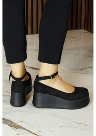 Resim Erkan Saçmacı Nevada Siyah Süet Yuvarlak Burun Bantlı Dolgu Topuklu Günlük Ayakkabı Siyah 