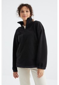 Resim Tommy Life Siyah Yarım Fermuar Etek Ucu Büzgülü Dik Yaka Oversize Kadın Polar Sweatshirt - 97236 Siyah 