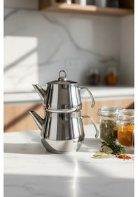Resim Yunusoğlu Home Aletta Büyük Boy Paslanmaz Çelik Çaydanlık Metal Kulp Aile Boy Kullanım 1.6l+2.5l Gri 