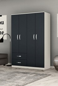 Resim Beyaz Antrasit Gri 4 Kapılı 2 Çekmeceli Gardrop 