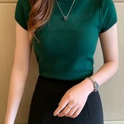 Resim Yeni Stil Örülmüş Çok Yönlü Tasarım Yarım Yüksek Yaka Kısa Kollu İnce Kazak 