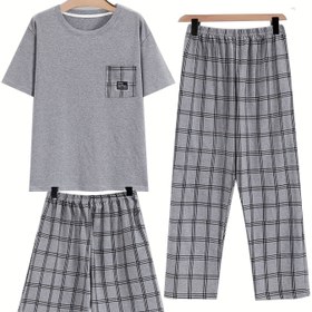 Resim Yeni Avrupa ve Amerikan Bahar, Yaz ve Sonbahar Erkek Pijama Seti Kısa Kollu, Şortlu ve Uzun Pantolonlu, Ev Giyimi İçin 1 Gömlek ve 2 Pantolon İçerir 