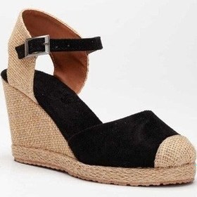Resim Gerçek Elişi Keten Hasır Espadril Siyah Burnu Hasırlı Arkası Açık Dolgu Topuk Handmade Siyah 