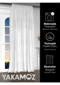 Resim Yakamoz Kadife Görünüm Beyaz Renk Ada Fon Perde Ekstraforlu Velvet Touch Serisi Beyaz 
