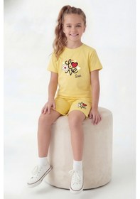 Resim Panios Kids Yuvarlak Yaka Tişörtlü Renkli Kaprili Baskı Detaylı Kız Çocuk Alt Üst Takım Sarı 