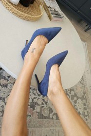 Resim 10 1814 Topukla Kadın İnce Topuklu Stiletto Ayakkabı Lacivert Süet 