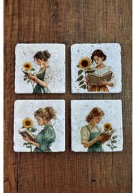 Resim Doğal Taş Bardak Altlığı -kitap Okuyan Kız & Ayçiçeği Temalı Stone Coasters Çok Renkli 