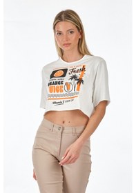 Resim Only Sıfır Yaka Beyaz Kadın Crop T-shirt 15290663 001 