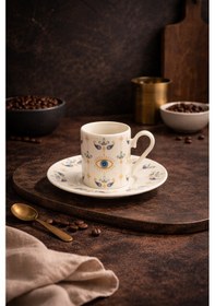 Resim 2 Kişilik Porselen Nazar Göz Kahve Fincan Takımı Seti 90ml Beyaz 