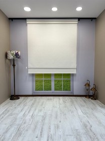 Resim Çift Mekanizmalı Beyaz Çizgili Desenli Tül Ve Beyaz Mat Stor Perde Beyaz 