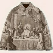 Resim Erkek Rahat Polyester Ceket, Tarihi Baskılı, Bol Kesim Fermuarlı Üst, Yakalı Yaka, Esnek Olmayan Kumaş, İlkbahar/Sonbahar Giyim, Hafta Sonu Rahatlığı İçin İdeal - İç Polyester Elyaf Astarlı Dokuma 