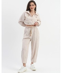 Resim Yüksek Bel Hasır Kemerli Cepli Keten Şalvar Pantolon - Bej-bej Bej 