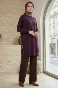Resim Gülseli Yan Fermuarlı Tesettür Triko Tunik Bordo TZL-P-00020925 
