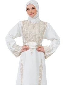 Resim Zaytoon Tesettür Elbise Filistin Nakışlı Modern Beyaz Kaftan Geleneksel Şıklık 