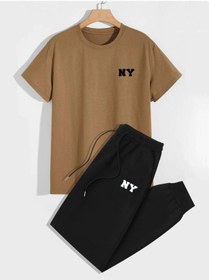 Resim CLAYES Ny Vizon T-shirt Siyah Eşofman Altı Jogger - Baskılı Alt Üst Eşofman Takım Oversize Bisiklet Yaka 