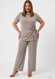 Resim Koza Butik Kadın Büyük Beden Kısa Kollu Yanı Düğümlü Eşofman Takımı 8257-26 