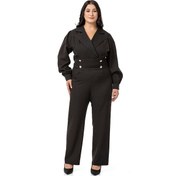 Resim Büyük Beden Kruvaze Yaka Metal Düğmeli Fermuarlı Siyah Tulum-siyah Siyah 