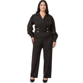 Resim Büyük Beden Kruvaze Yaka Metal Düğmeli Fermuarlı Siyah Tulum-siyah Siyah 