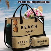 Resim 1/3 Adet Plaj Çantası Seti - El Çantası ve İki Makyaj Çantası, "BEACH PLEASE" Baskılı Desenli, Büyük Kapasiteli Omuz Çantası, Çok Amaçlı Günlük Kullanım Alışveriş Çantası, Seyahat, Tatil, Kamp, İş İçin Yeniden Kullanılabilir 