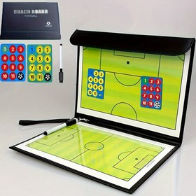 Resim 1 adet Taşınabilir Manyetik Futbol Antrenman Pano - PU Malzeme, İki Katlı Taktik Tahta ve Silinebilir Strateji Kitapçığı, Futbol Sahası Diyagramı & Renkli Oyuncu Kartları İçerir 