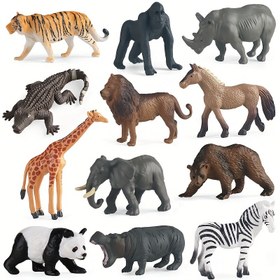 Resim 12 adet mini hayvan figürü seti, aslan, tigre, geyik, zebra, ayı, fil ve rhinoceros dahil, tatil hediyeleri için mükemmel. 