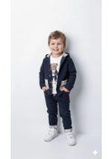 Resim Erkek Çocuk %100 Pamuk Kadife Hırka, Pantolon Ve Ayıcık Baskılı Sweatli 3'lü Premium Seri Lacivert 