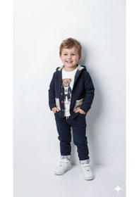 Resim Erkek Çocuk %100 Pamuk Kadife Hırka, Pantolon Ve Ayıcık Baskılı Sweatli 3'lü Premium Seri Lacivert 