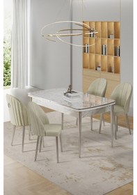 Resim Canisa Rada Serisi 80x132 Açılabilir Lak Panel Beyaz Mermer Desen Masa 4 Krem Sandalye Krom Detay Beyaz Mermer Desen Masa Krem Sandalye 