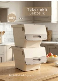 Resim 2 Li Krem Tekerlekli Sebzelik Patates Soğan Sepeti Zarif Organizer Patateslik Minimal Soğanlık 24 L Krem 